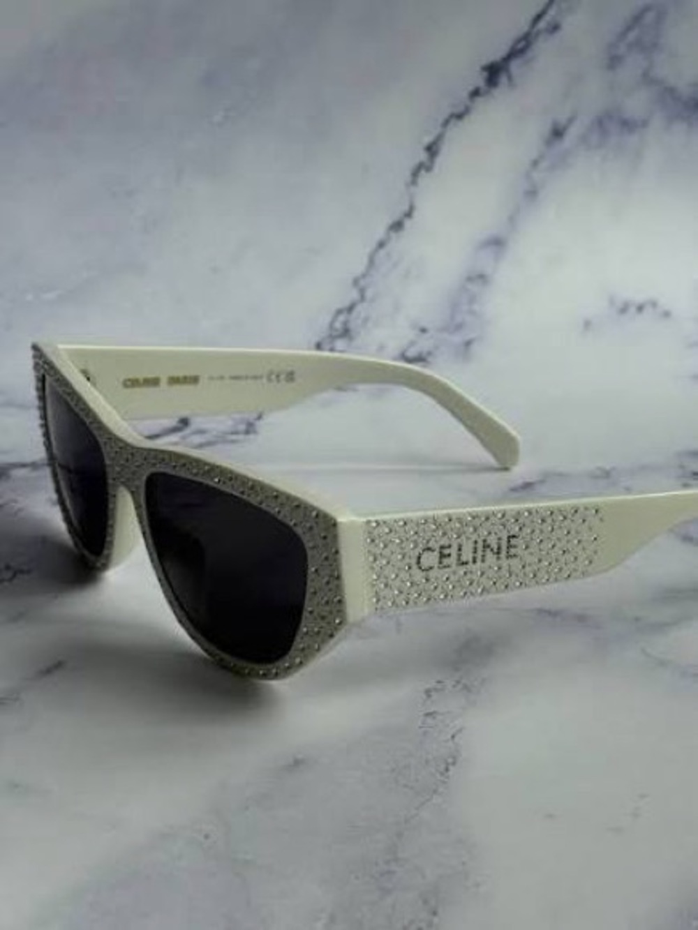 Celine White Crystal-Studded Cat-Eye Sunglasses with Dark Lenses